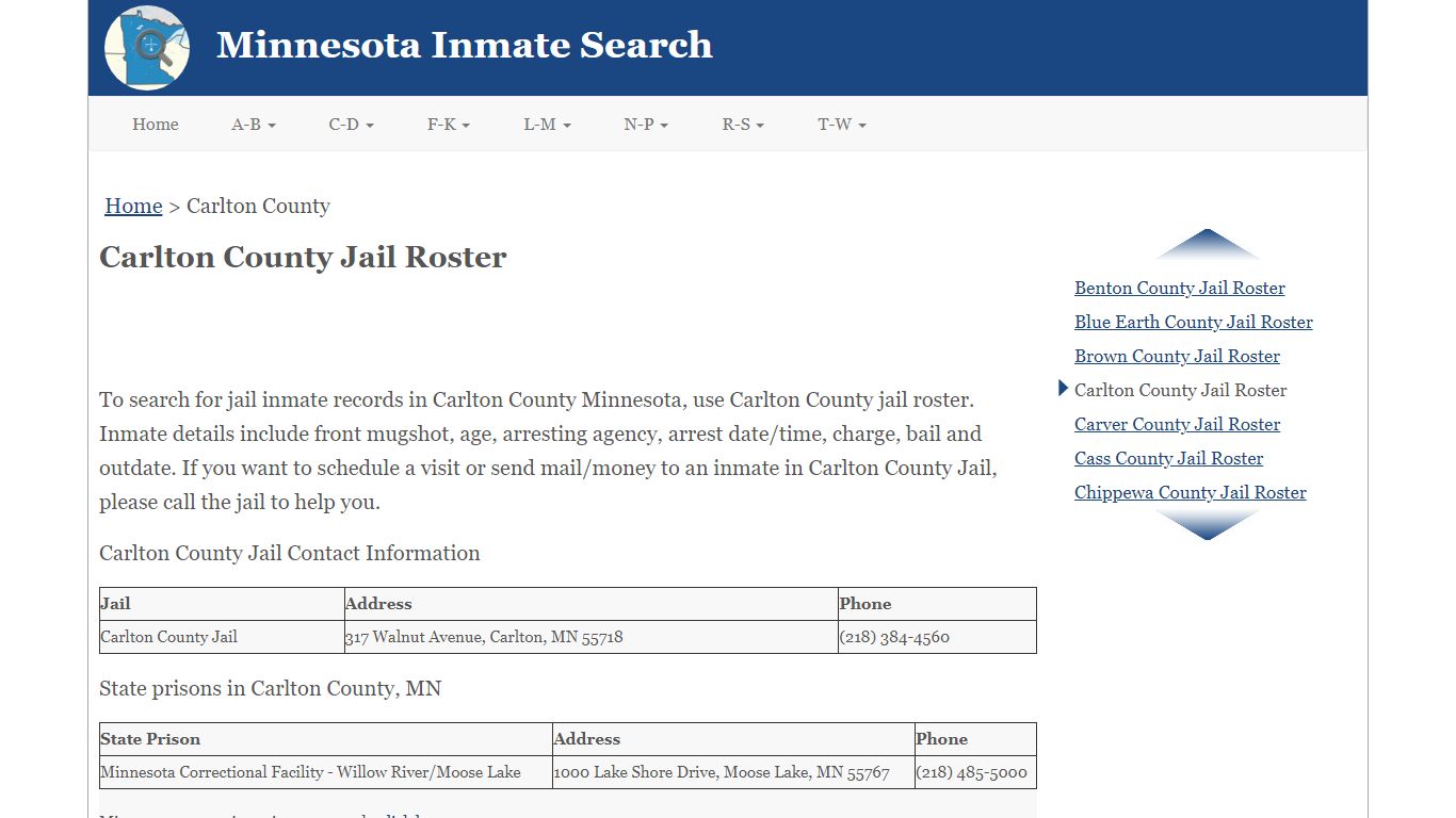 Carlton County Jail Roster - Minnesota Inmate Search